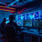 Team of cybersecurity professionals conducting an advanced cyber attack simulation in a sleek high-tech training facility with neon lighting