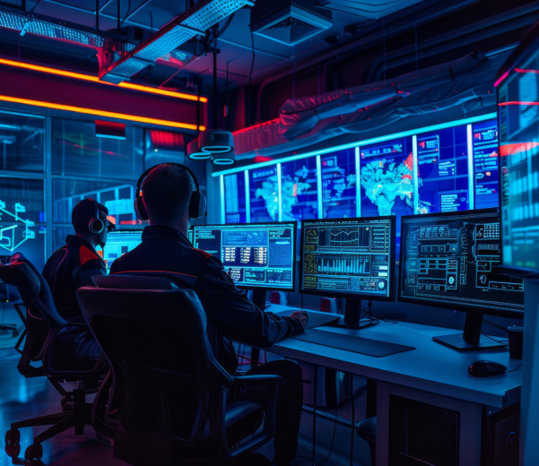 Team of cybersecurity professionals conducting an advanced cyber attack simulation in a sleek high-tech training facility with neon lighting